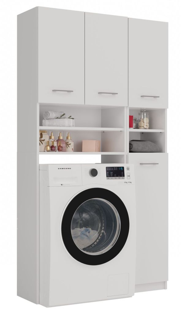 A white washing machine with storage cabinets above and to the side, filled with various household items.