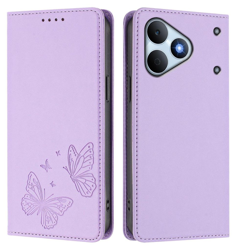 Lederhülle für Realme Note 80, Schmetterling Prägung Leder Brieftasche Schutzhülle mit Ständer Violett