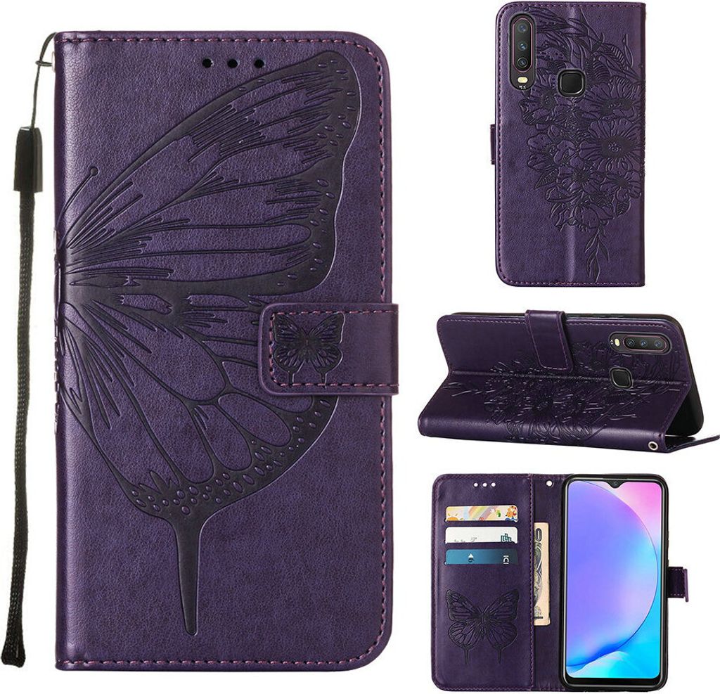 vivo Y17 Hülle, Schmetterling Prägung Flip Leder Kartenfächer Schutzhülle Ledertasche mit Ständer für vivo Y17 / Y15 / Y12 / U10 / Y11 / Y3 Lila