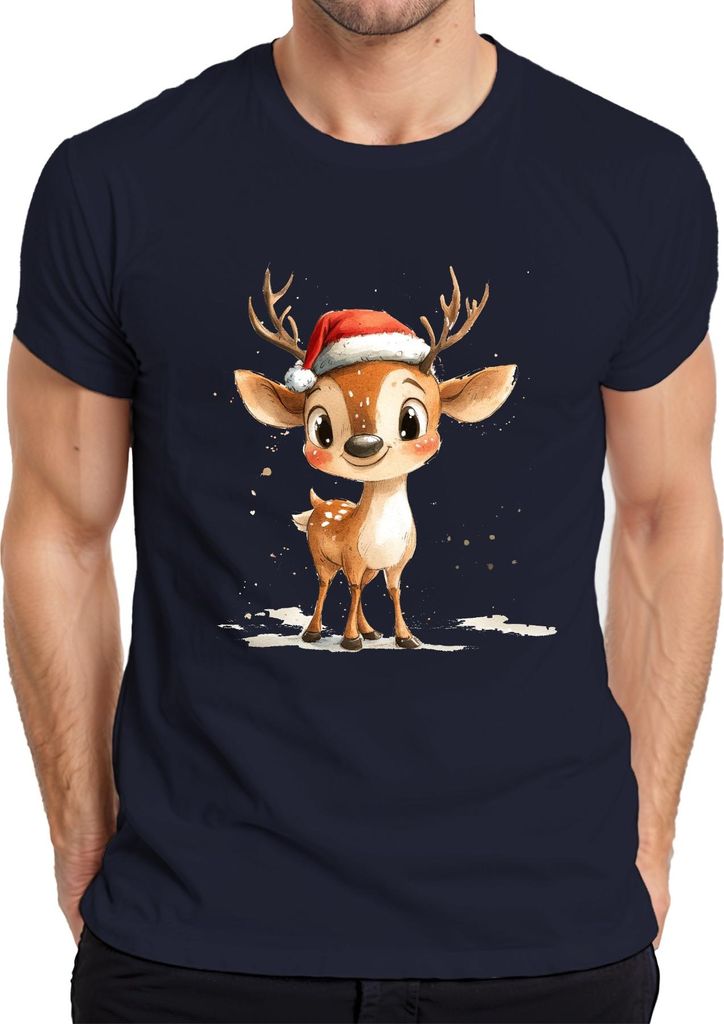 Weihnachtsrentier Aquarell Süß Santa Hut Geschenk Kinder Niedlich Herren T-Shirt, Navy, 3XL