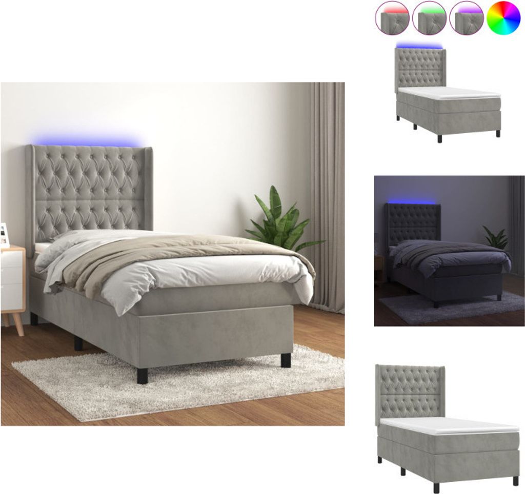 vidaXL Boxspringbett mit Matratze & LED Hellgrau 80x200 cm Samt - Betten & Bettgestelle