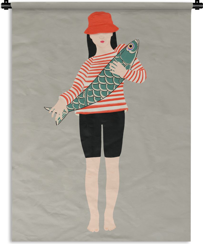 MuchoWow Wandteppich Wandbehang Frau - Fisch - Jahrgang 120x160 cm Tapisserie Dekoration Wandtuch - Wohnzimmer - Moderne