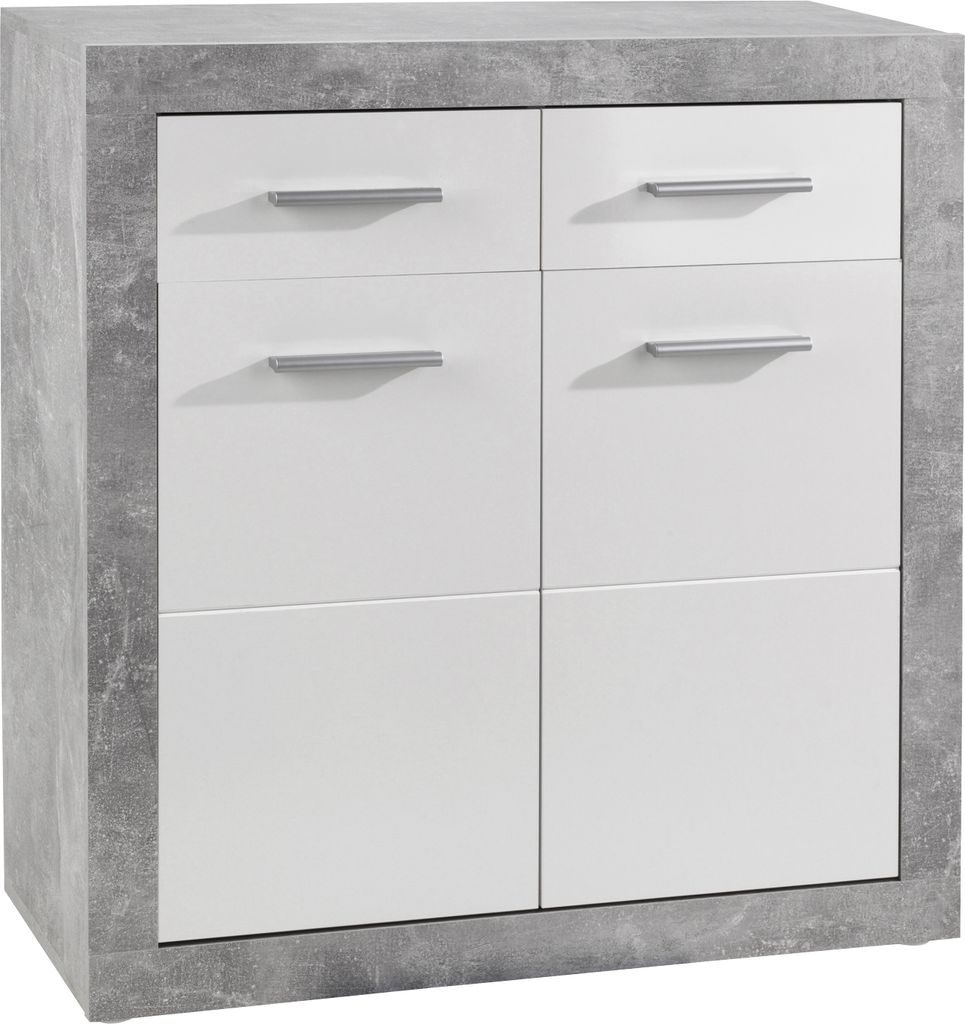 Kommode - Betondekor - Weiß Hochglanz - B 82 cm - 2 Türen - 2 Schubladen