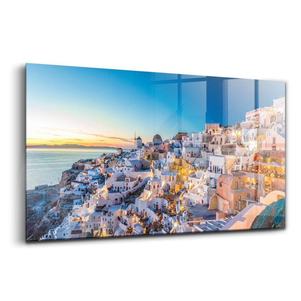 Glasmalerei - dekoratives Bild - moderne Malerei - 100x50 - Sonnenuntergang Santorini