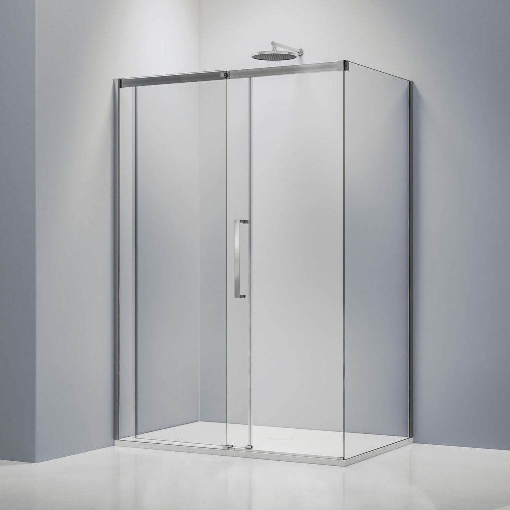 Eckdusche mit Schiebetür Soft-Close DX906 FLEX - 8 mm Nano Echtglas - Chrom - Breite wählbar, Breite Schiebetür-Element:120 cm, Breite Seitenwan...