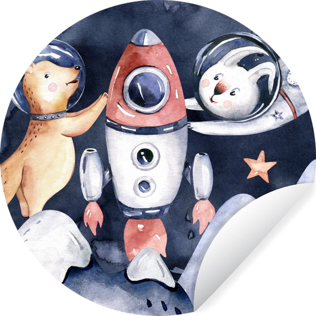 MuchoWow Runde Wandtattoo - Wandsticker Tapete Aufkleber Weltraum - Rakete - Kaninchen - Jungen - Mädchen - Kinder Ø 80 cm Selbstklebend und Re...
