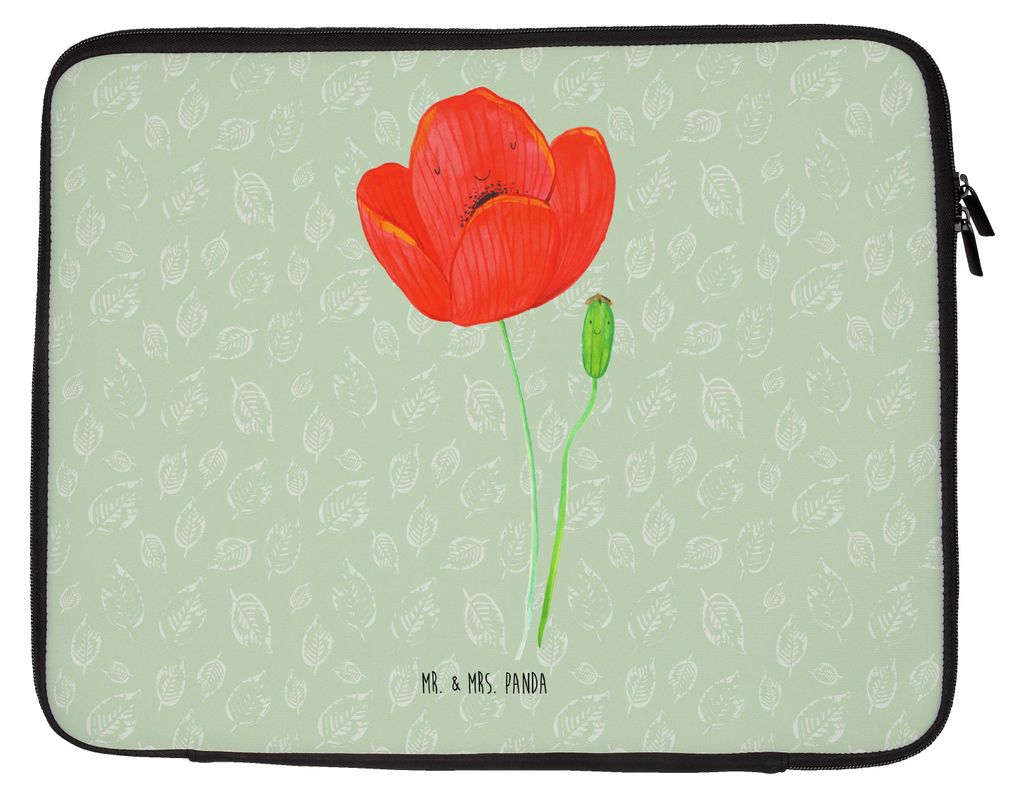 Mr. & Mrs. Panda Laptop Tasche Blume Mohnblume 20 x 28 cm - Blattgrün - Geschenk, Mohn, Notebook, Motivation, Notebooktasche, Hülle, Laptoptasche...