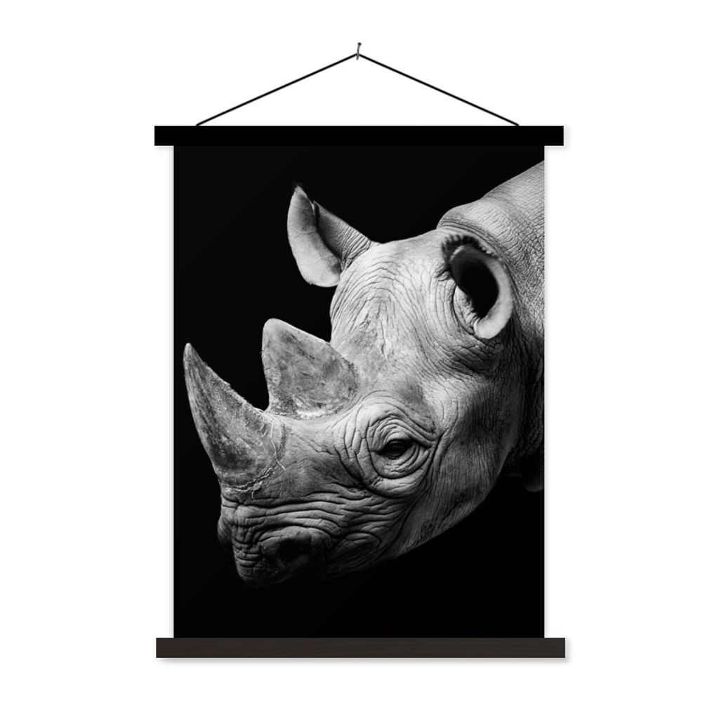 MuchoWow Textilposter Tiere - Nashorn - Schwarz - Weiß - Porträt 60x80 cm mit schwarzem Rahmen - Plakathalter