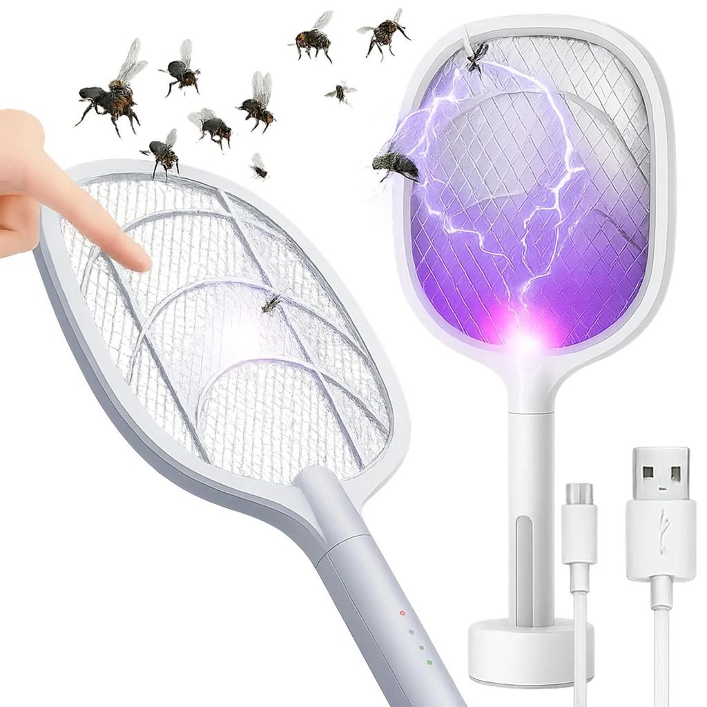 Elektrische Fliegenklatsche Insektenvernichter Mückenfänger UV Lampe 2in1 USB wiederaufladbar Standfunktion