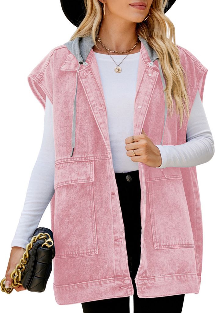 ASKSA Damen Jeansweste Kapuze aermellos Laessige Locker Elegante Jeansjacke Jacke Mantel, B Rosa, XL
