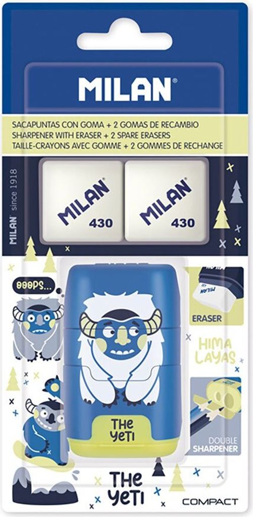 Milan Blisterpackung Radiergummi Mit Bleistiftspitzer Compact The Yeti+2 Ersatz-radiergummis Blau Blau One Size