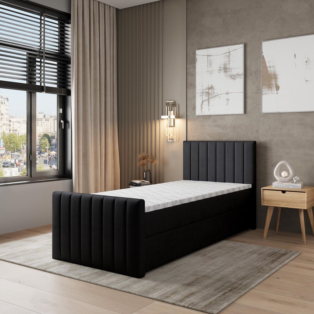 Masseno Boxspringbett ARION 100 100x200 cm Komplett-Set mit Bonell Matratze und Topper, Polsterbett mit Bettkästen -Schwarz, KRONOS 07