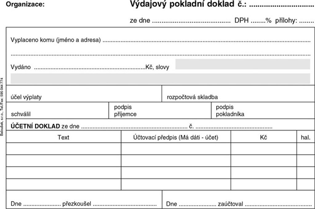 Tiskopis Výdajový pokladní doklad pro podvojné účetnictví Baloušek, A6, 50 listů