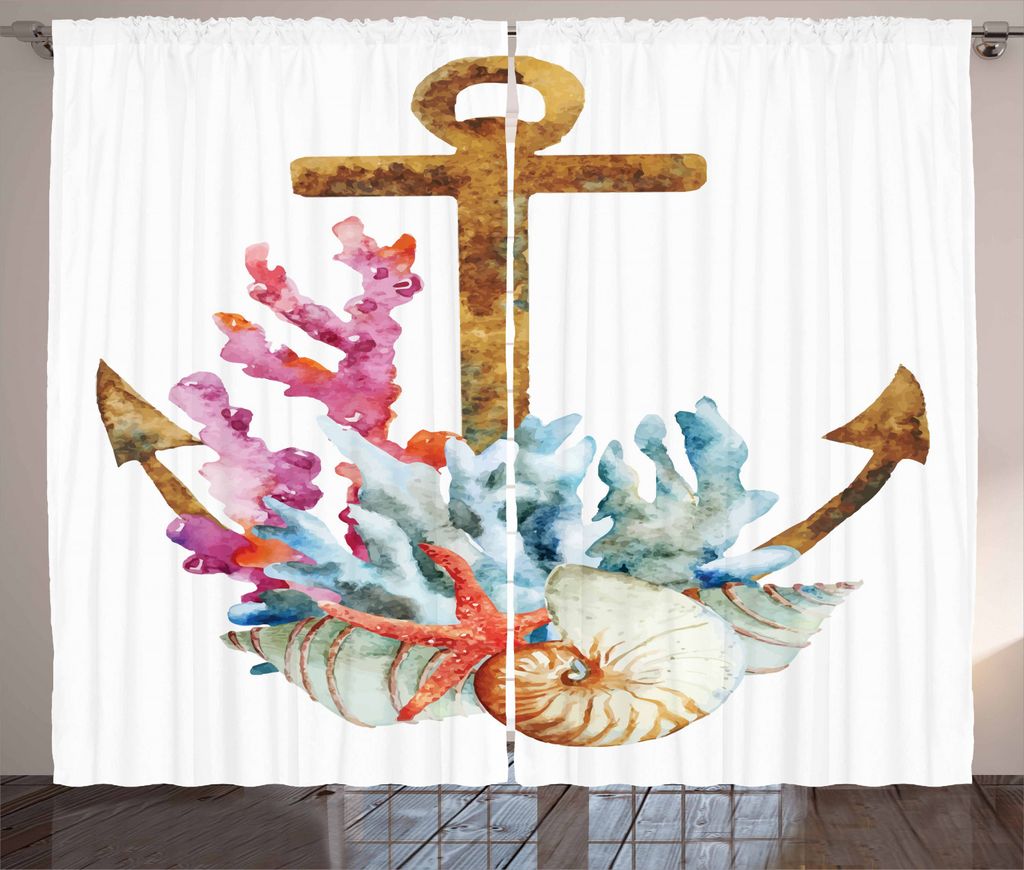 ABAKUHAUS Anker Rustikaler Gardine, Aquarell Seestern, Schlafzimmer Kräuselband Vorhang mit Schlaufen und Haken, 280 x 225 cm, Mehrfarbig