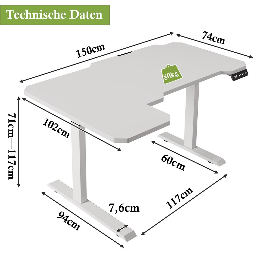 Hilodesk Höhenverstellbarer Schreibtisch Elektrisch 150x100cm, 2 starke Motoren, 120 kg Tragkraft, Antikollisionsschutz, 4 Memory-Funktion (Weiß)