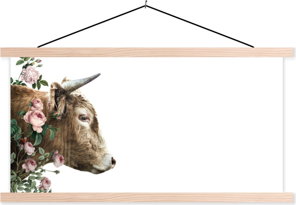 MuchoWow Textilposter Schottisches Hochlandrind - Rosen - Rosa 120x60 cm mit holzfarbenen Rahmen - Klemmleiste