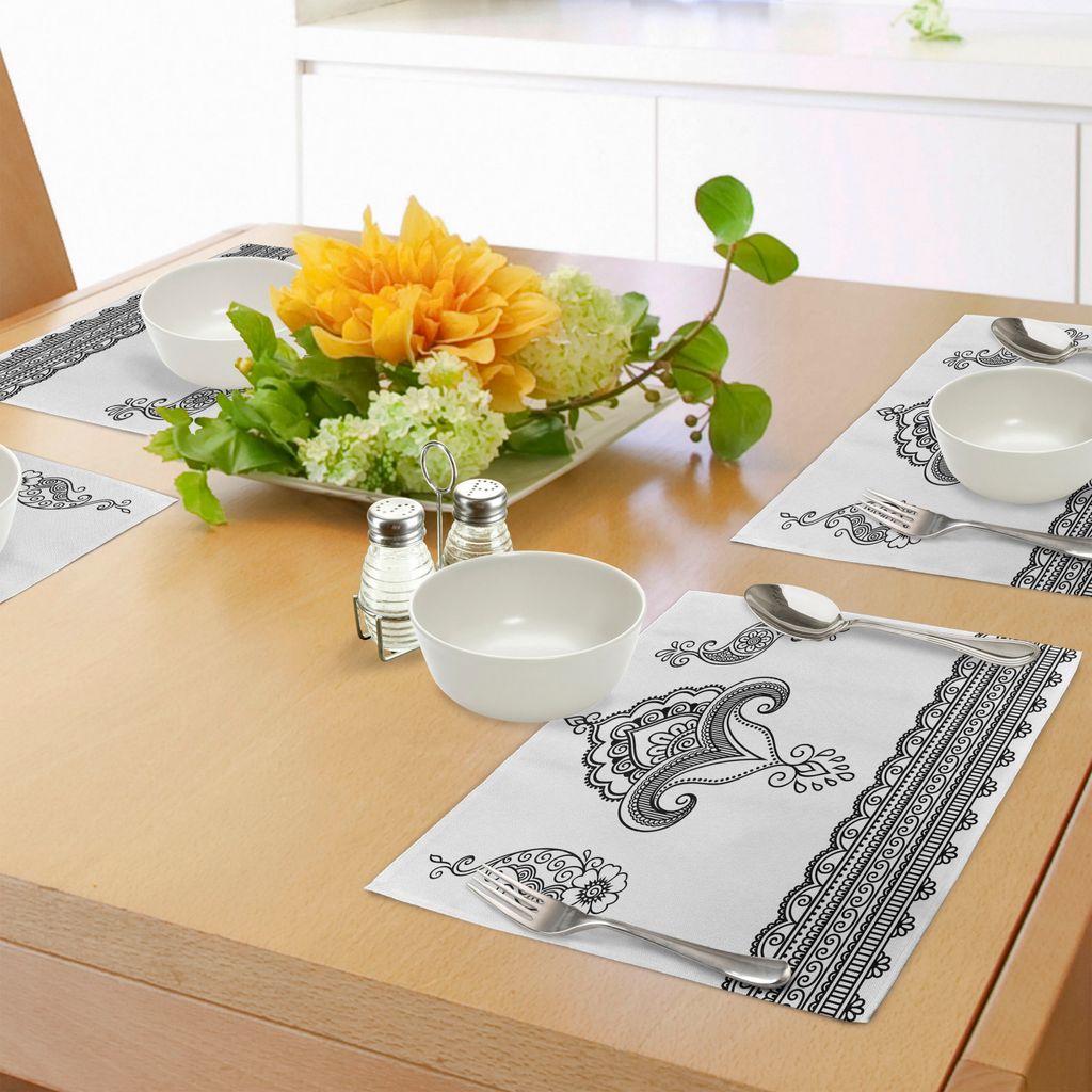 ABAKUHAUS Henna Platzmatten, Schwarzweiss-Ostmotive einfarbiges dekoratives Blumenmuster-Gekritzel-Bild, Tiscjdeco aus Farbfesten Stoff für das Es...