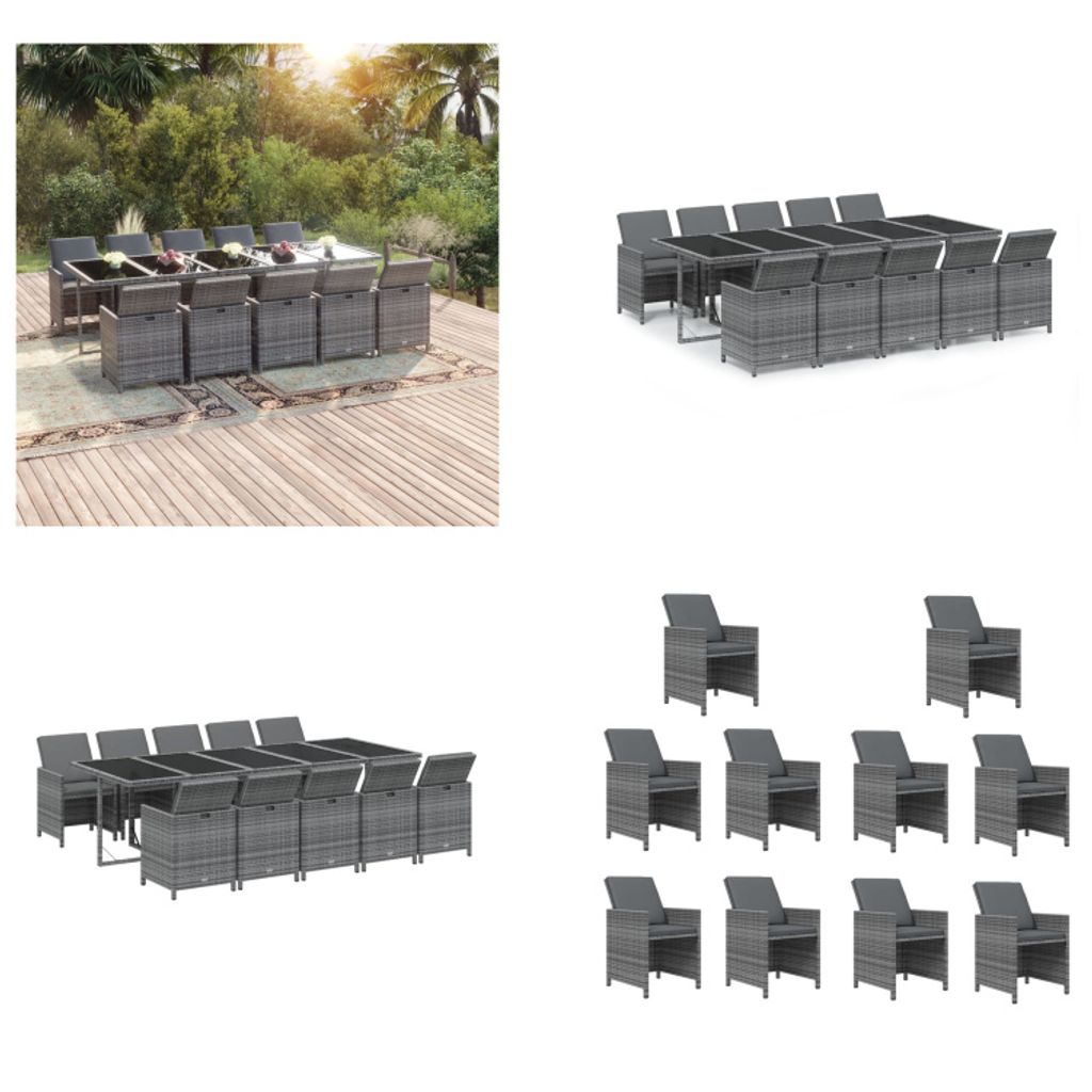 vidaXL 11 tlg. Garten Essgruppe mit Kissen Poly Rattan Grau - Garten Essgruppe - Garten Essgruppen - Essgruppe Poly Rattan - Outdoor Essgruppe