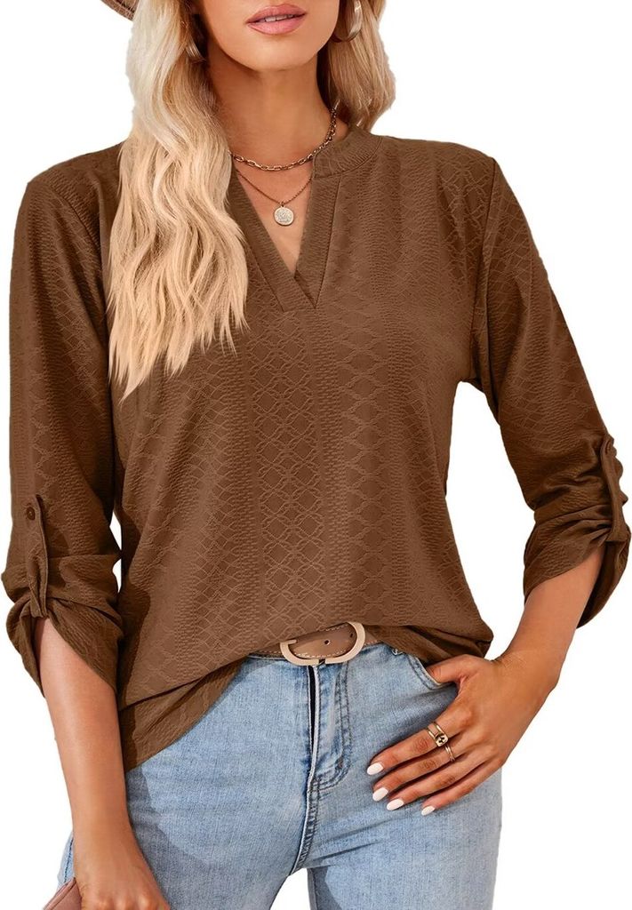 ASKSA Damen Bluse V-Ausschnitt Einfarbig Oberteile Elegant Lose Causal Tunika Tops, Braun, L