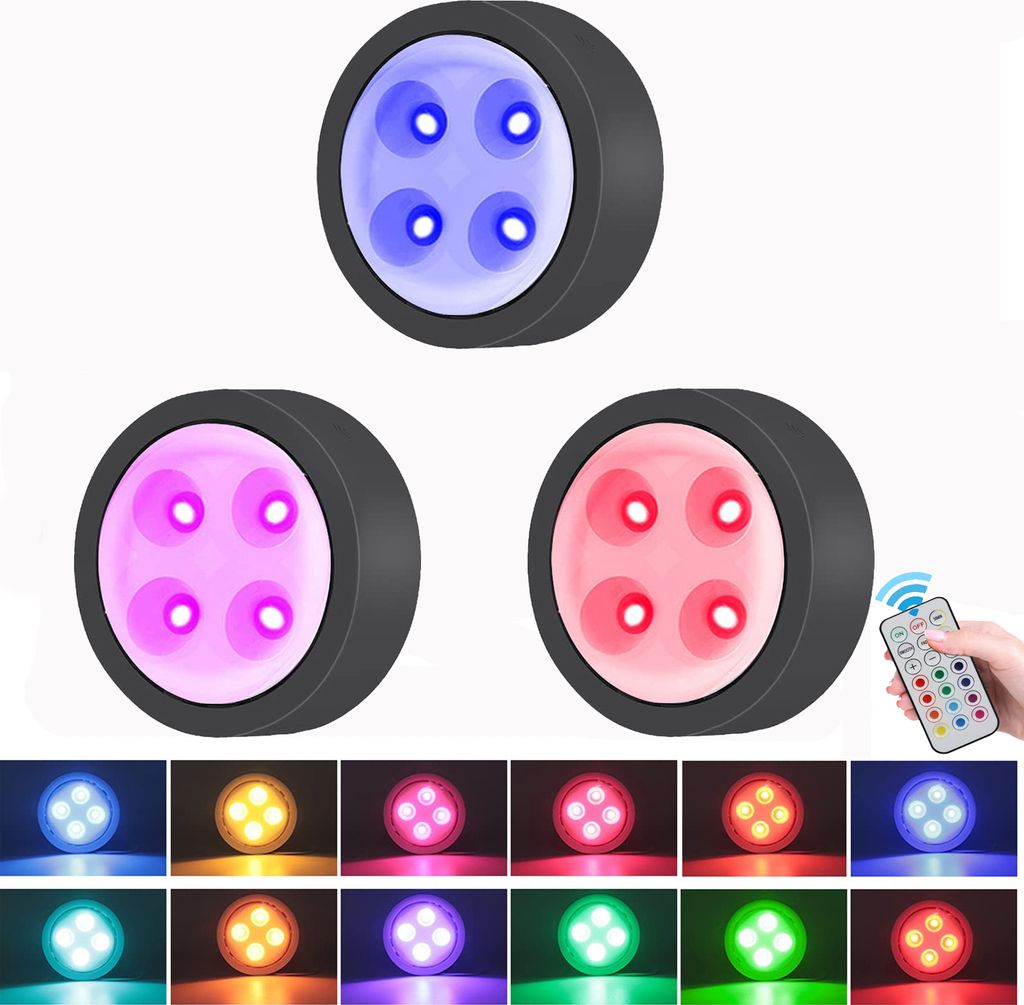 3 Stück LED Nachtlicht RGB Dimmbar Schrankleuchten Batteriebetrieben Unterbauleuchten mit Fernbedienung für Schlafzimmer, Flur, Treppe, Küche
