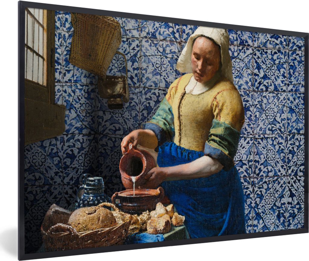 MuchoWow Gerahmtes Poster Milchmädchen - Delfter Blau - Vermeer - Gemälde - Alte Meister 60x40 cm - Poster mit Schwarzem Bilderrahmen Wandposte...