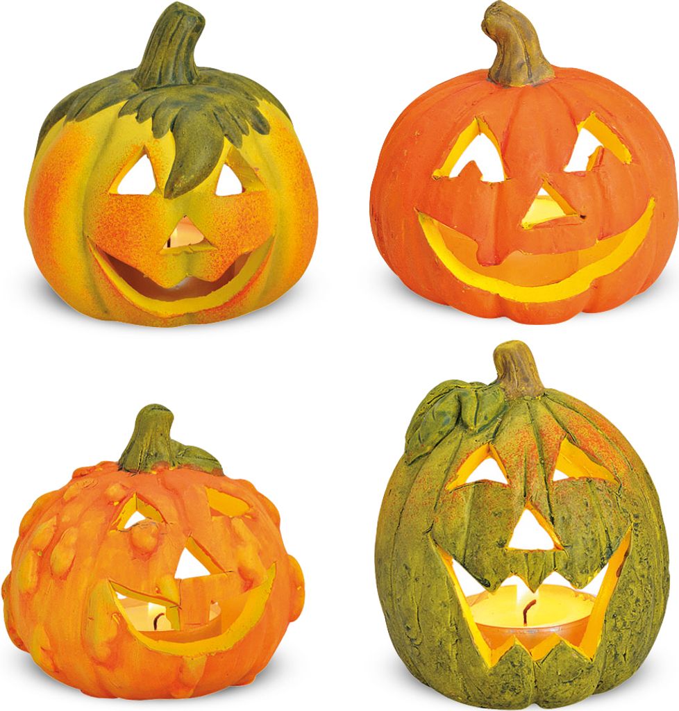 Kleine LED Kürbis-Laternen als 4er Set Halloween-Deko Windlichter