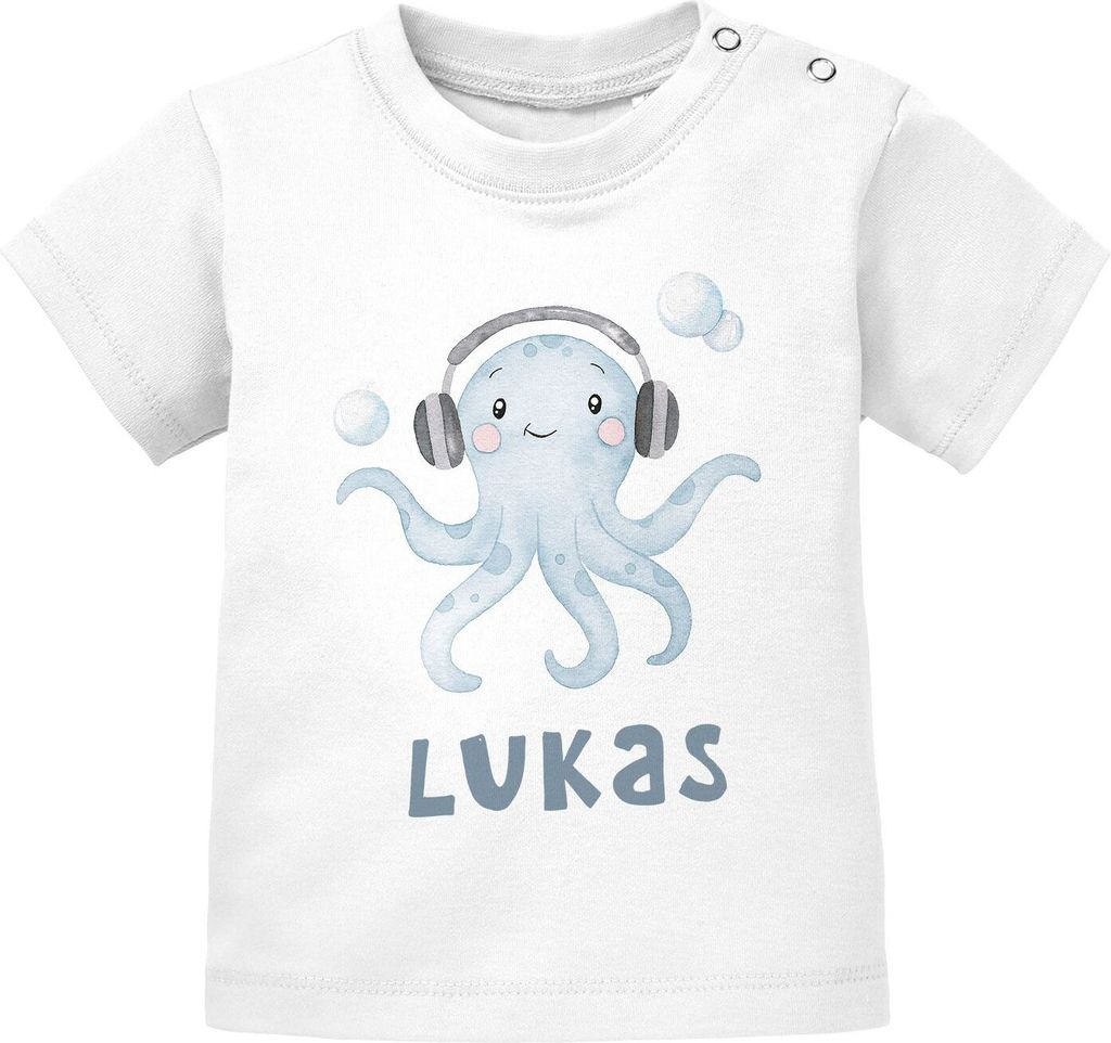Baby T-Shirt mit Namen personalisiert Octopus Unterwasser Tiermotiv Tintenfisch Junge kurzarm Baumwolle SpecialMe weiß 56/62 (1-3 Monate)