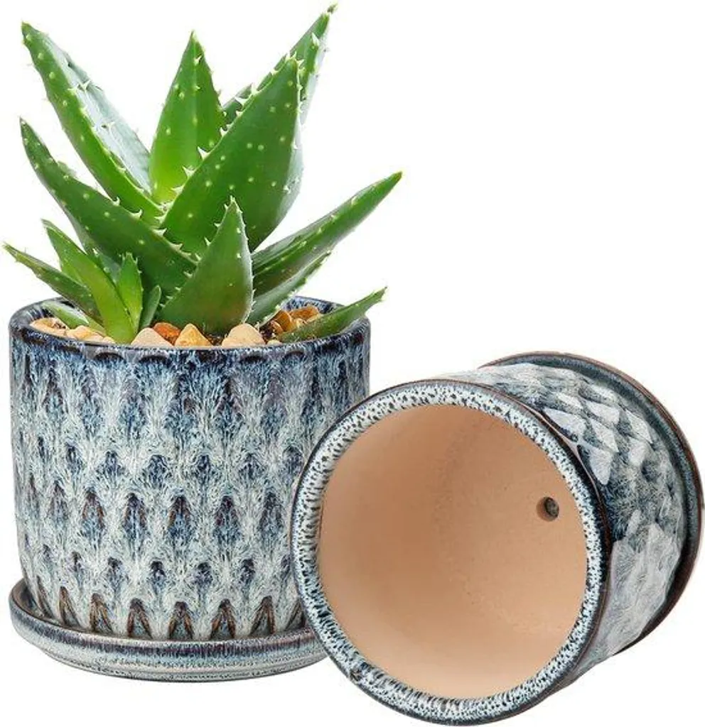 Pot décoratif fleur en céramique 14cm pour succulentes - Lot de 2