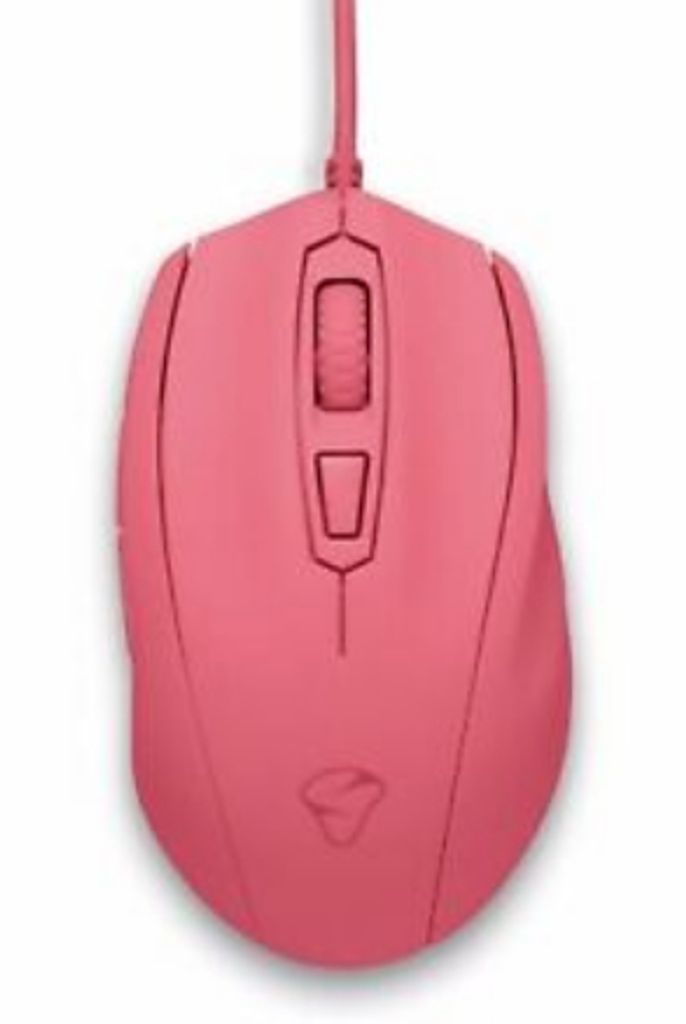 A pink computer mouse is shown from a top-down perspective against a white background.