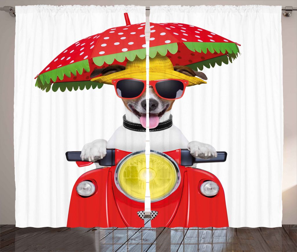 ABAKUHAUS Tier Rustikaler Vorhang, Hundefahren Motorrad, Wohnzimmer Universalband Gardinen mit Schlaufen und Haken, 280 x 245 cm, Rot