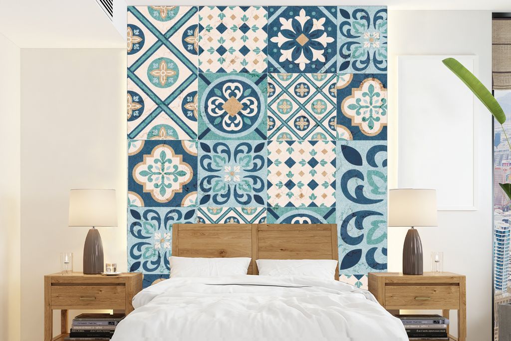 MuchoWow Fototapete für Wohnzimmer oder Schlafzimmer Wandtapete Vinyl Motivtapete Blumen - Blau - Design - Fliese - 205x280 cm - Wandbild