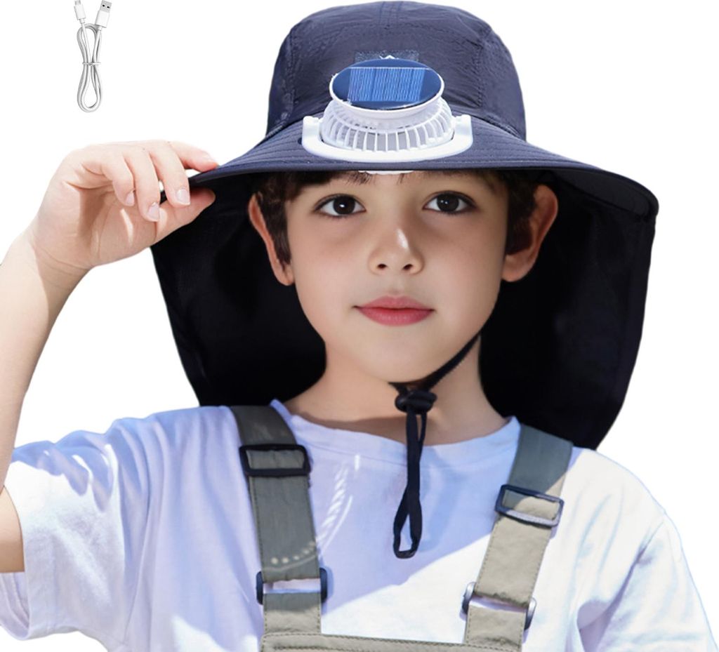 Kindermütze mit Solar-USB-Doppelventilator, Schal-Design, Outdoor-Kappe, 3 Gänge, Wander-, Rad- und Angelhut