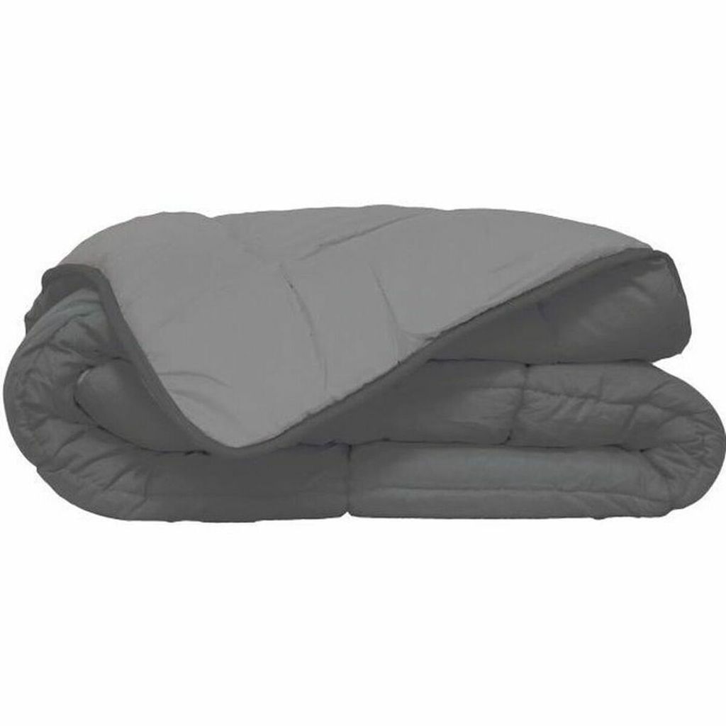 A folded gray comforter is shown against a white background.