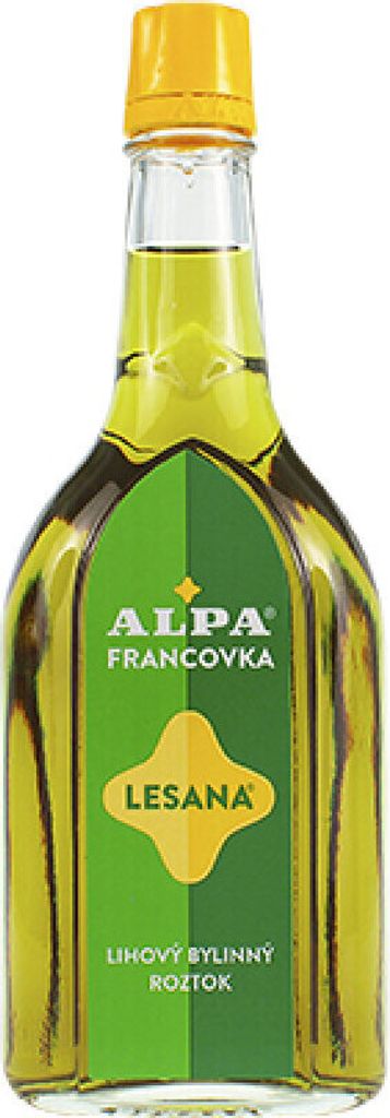 A bottle of Alpa Francovka Lesana, an alcoholic herbal solution.