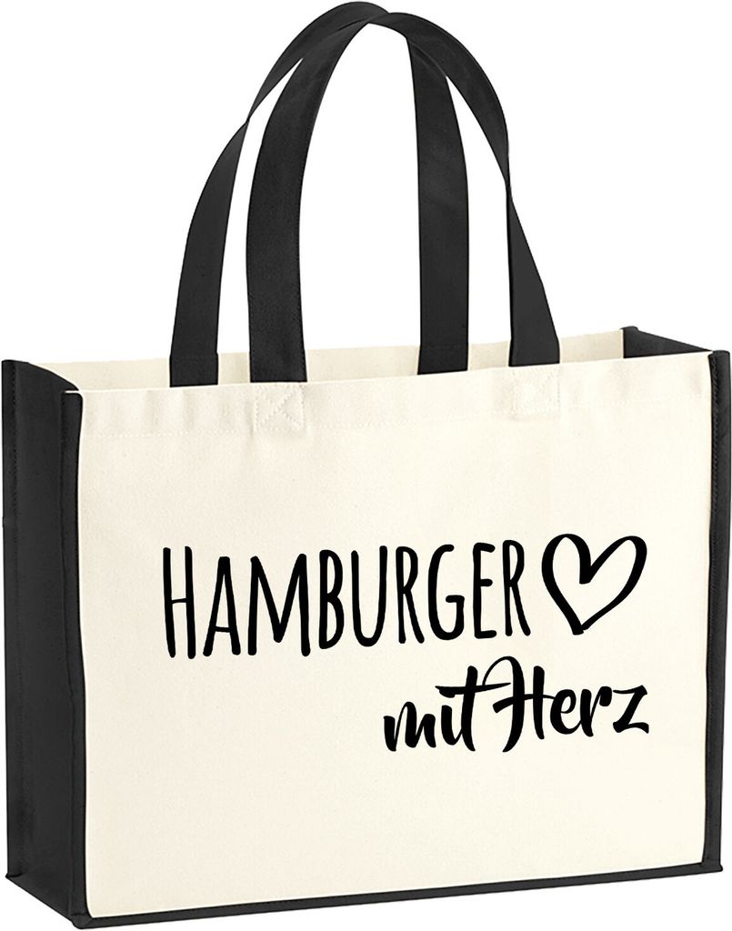 Huuraa Jutetasche Hamburger mit Herz 21 Liter Black Jute und Baumwolle Einkaufstasche Geschenkidee
