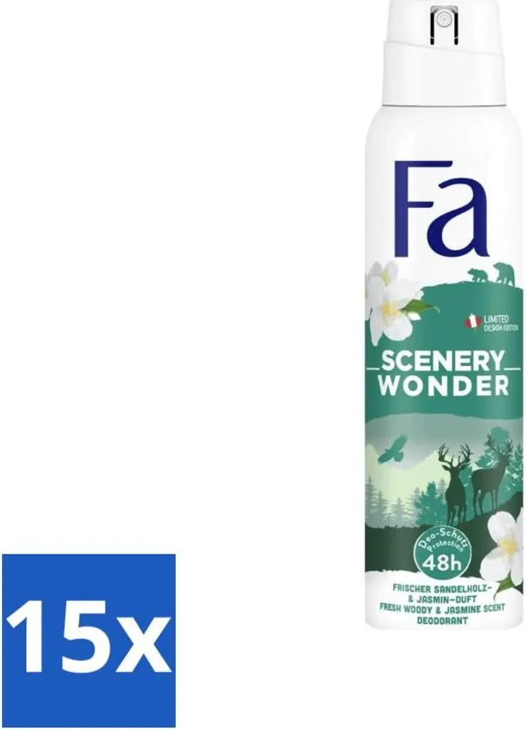 Fa - Deodorante Spray - Scenery Wonder - Legno e Gelsomino - Protezione 48 ore - 150 ml - Confezione risparmio - 15 pezzi