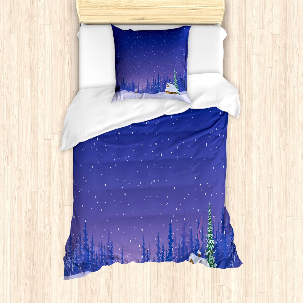 ABAKUHAUS Blockhaus Bettbezug Set für Einzelbetten, Häuser in Snowy-Nacht, Milbensicher Allergiker geeignet mit Kissenbezug, 135 cm x 200 cm - 80...