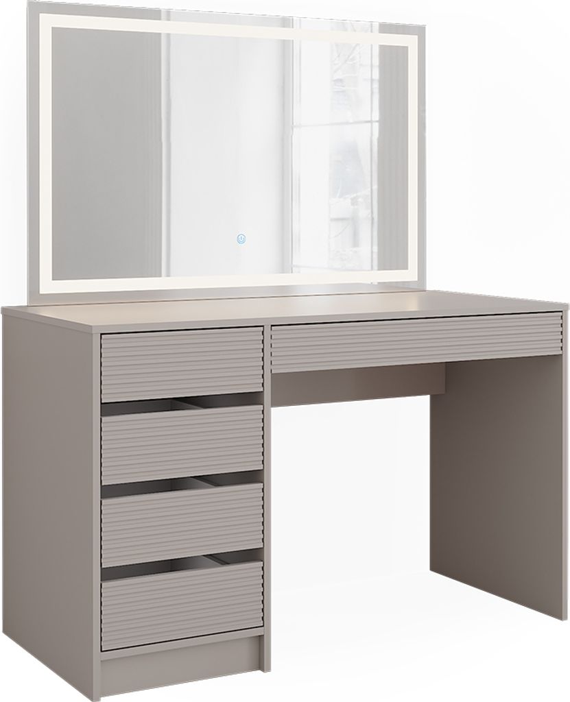 A vanity table with a large LED mirror.