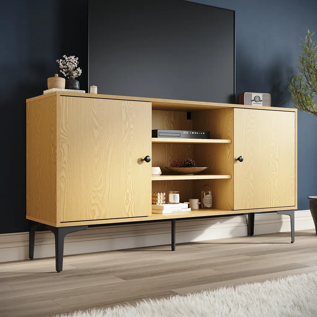 Banc TV pour Salon avec Rangement Multimédia et Passage de Fils Discret