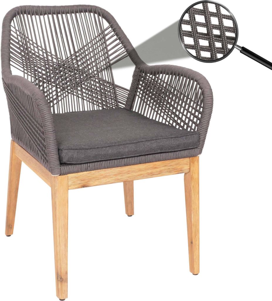 Gartenstuhl MCW-H56b, Sessel Outdoor Stuhl, wetterfest Seilgeflecht Rope Holz Akazie grau Kissen anthrazit