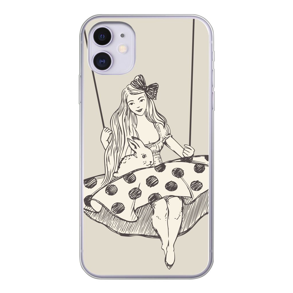 MuchoWow Handyhülle Schutzhülle Hülle für iPhone 11 Mädchen in gepunktetem Kleid mit Kaninchen Silikon Softcase Handy Hülle - Handytasche