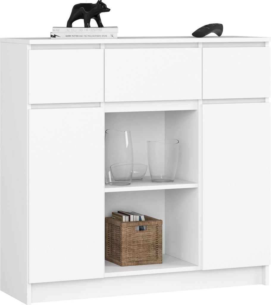 Kommode K100 Weiß 101 cm 2 Türen 3 Schubladen 6 Regalböden Produktbild 