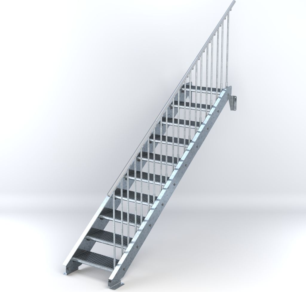 Stahltreppe 10 Stufen bis Höhe 200 cm, Laufbreite : 60 cm Geländer rechts ST 1 (31 / 31 mm)
