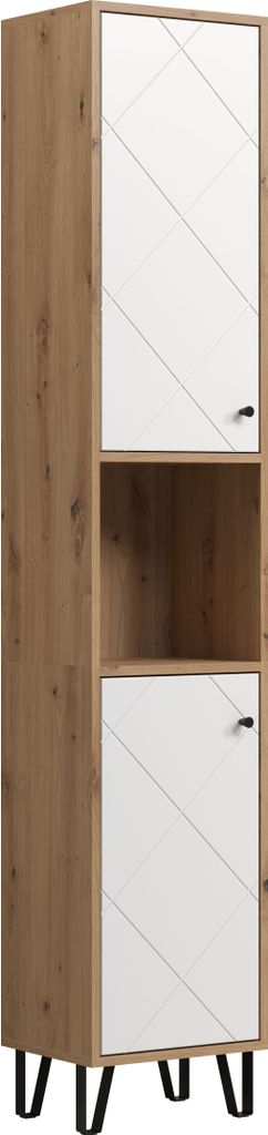 A tall, narrow cabinet with a wood-effect frame and white doors with a geometric pattern. It stands on black legs.