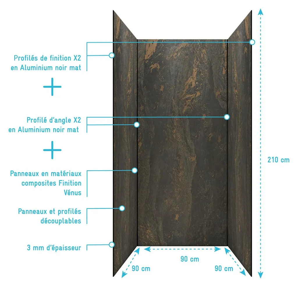 Panneaux Muraux Pierre Venus 90x210cm Étanches et Profilés Noirs Pack - 4