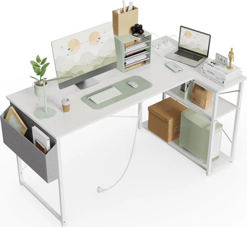 Bureau d'angle pour télétravail et études avec gestion des câbles