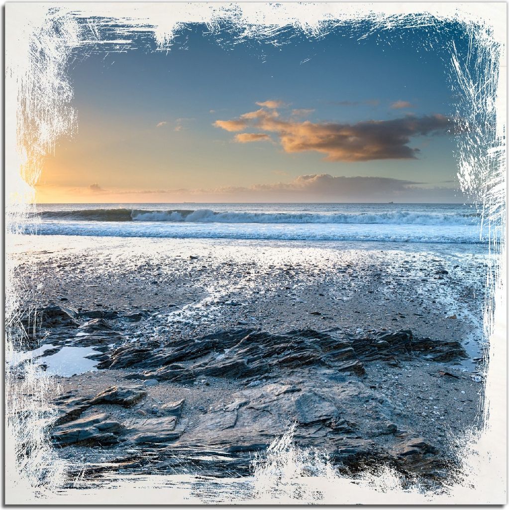 Kunstdrucke Wandbilder Holz in : Brillante Farben, Größe 50 x 50 cm Motiv Einsamer Strand in Cornwall England