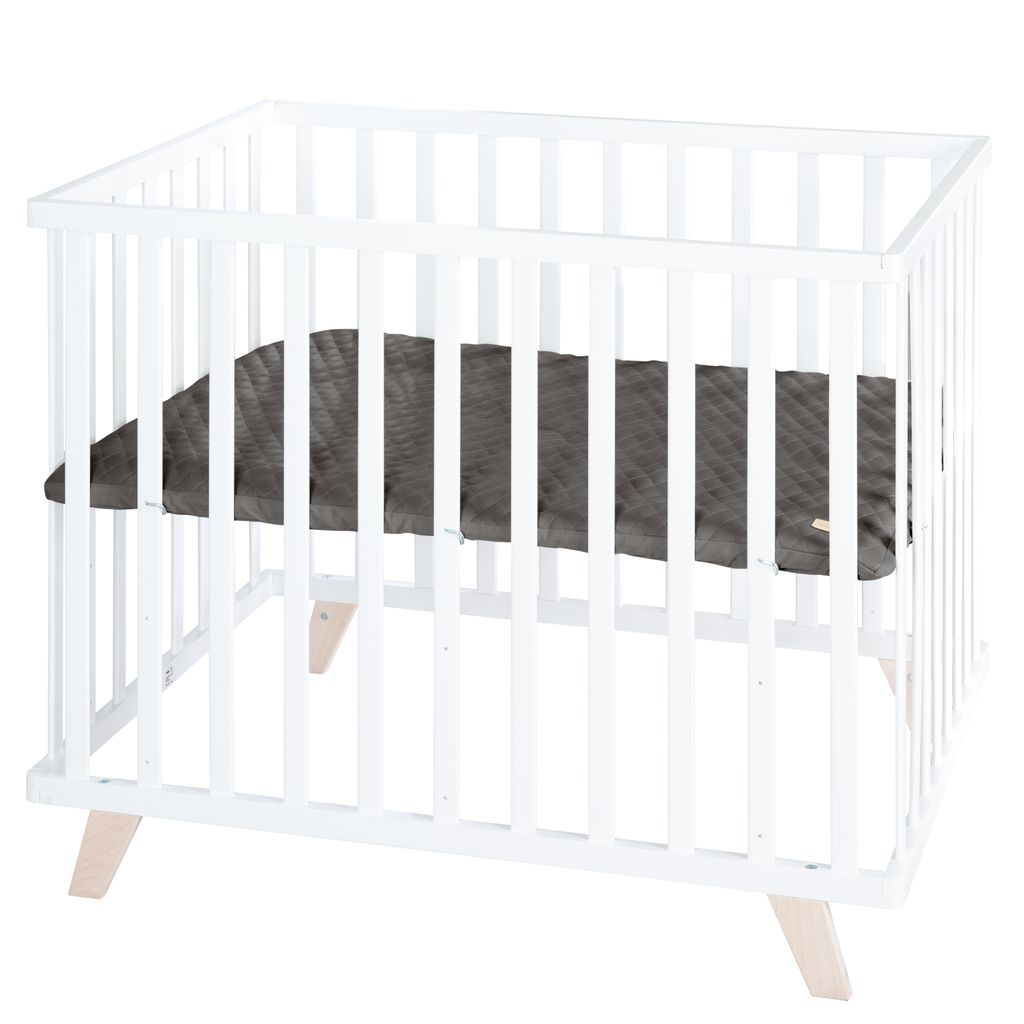 roba Laufgitter 75 x 100 cm aus Holz weiß - Laufstall für Babys inkl. Schutzeinlage Graphite gesteppt - Höhenverstellbar - Füße aus Massivholz
