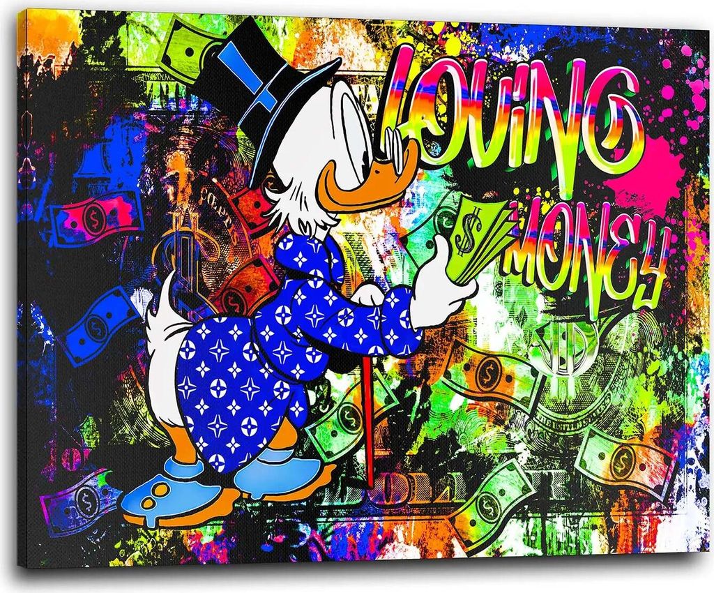 Duck Loving Money, Pop Art Comic Wandbild Leinwandbild Kunstdruck XL Wanddeko: 90x60x4cm
