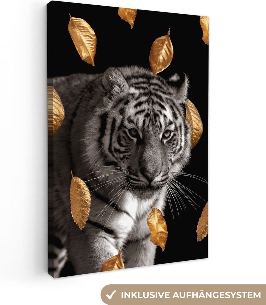 OneMillionCanvasses - Leinwandbilder - 90x140 cm, Tiger - Golden - Blätter, Wandbilder Kunstdruck Wanddekoration - Wandschmucke - Schlafzimmer